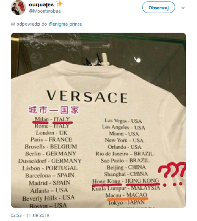 Władze Chin wściekłe za koszulki, Versace przeprasza