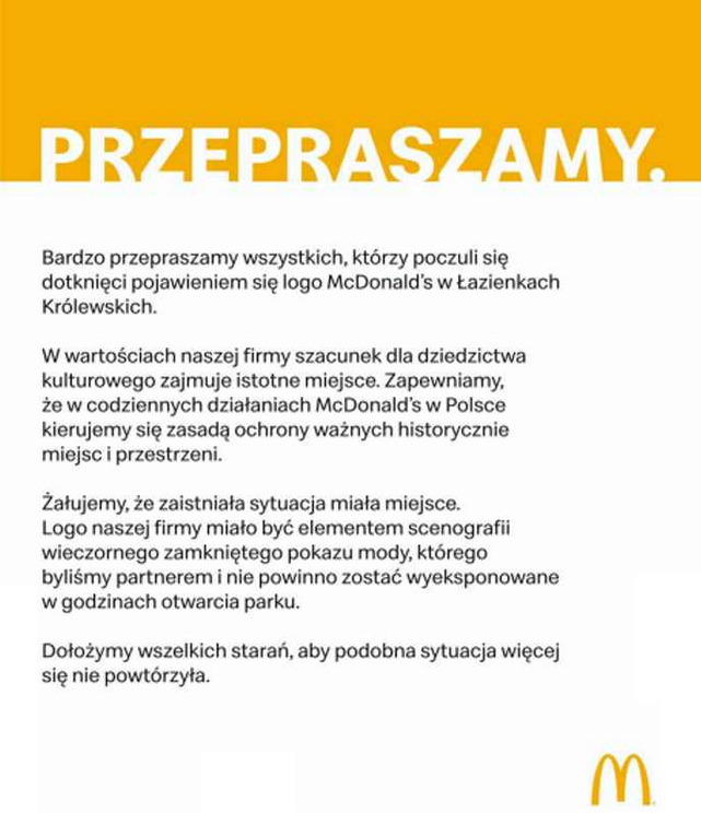 McDonald’s przeprasza za pływające logo w Łazienkach. „Postaramy się, żeby podobna sytuacja się nie powtórzyła”