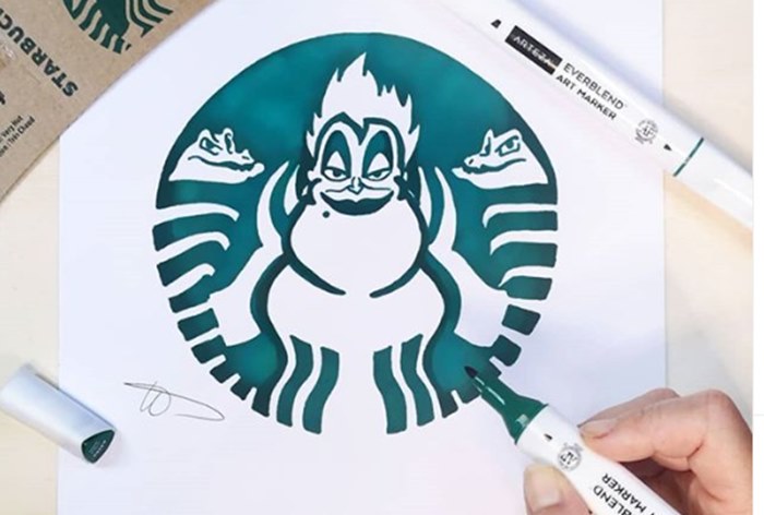 Персонажи Disney появились на логотипе Starbucks в работах австрийской художницы