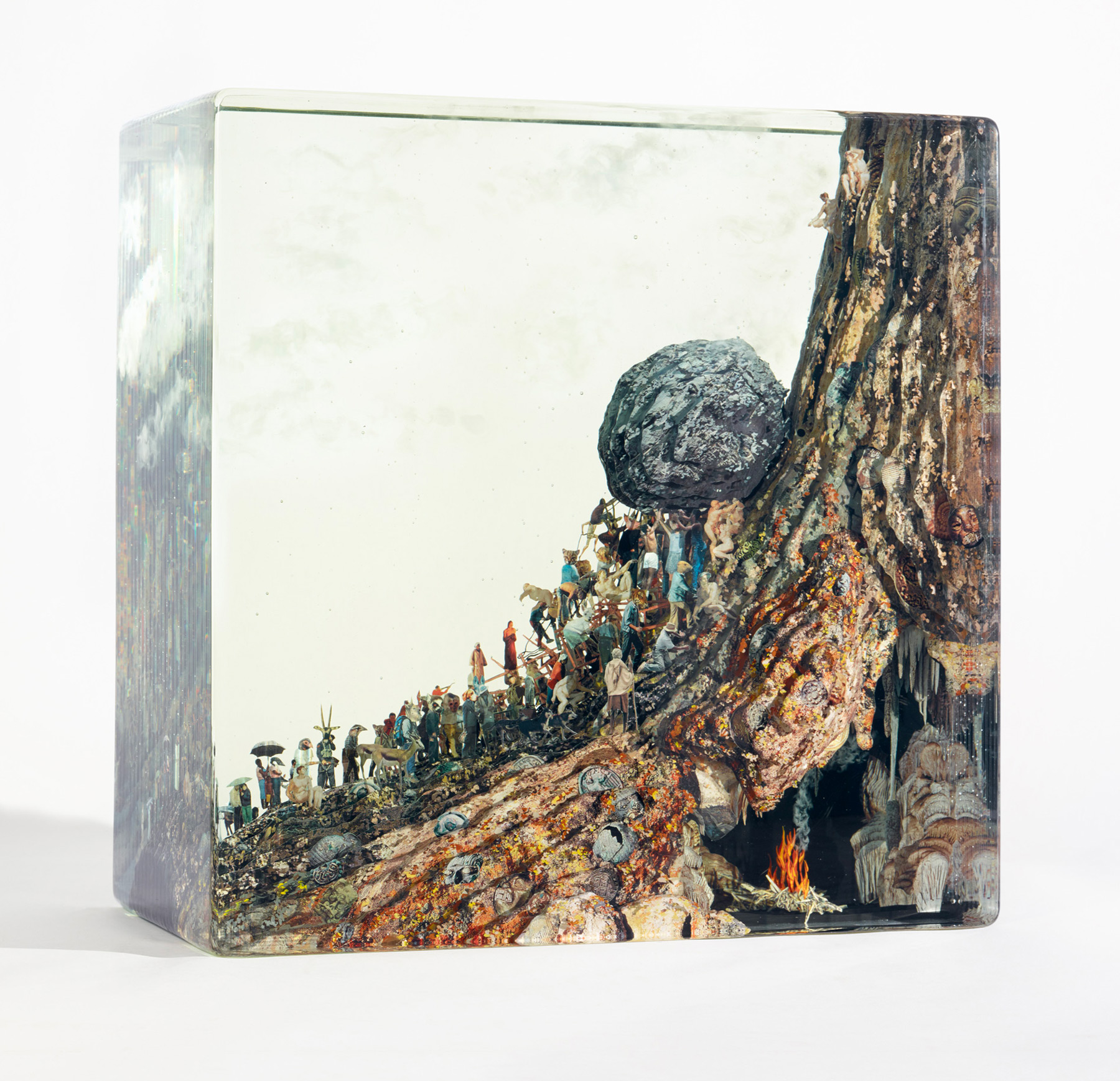 "Group Sisyphus" (2017), Glass, collage, acrylic, resin 16" x 16" x 8"