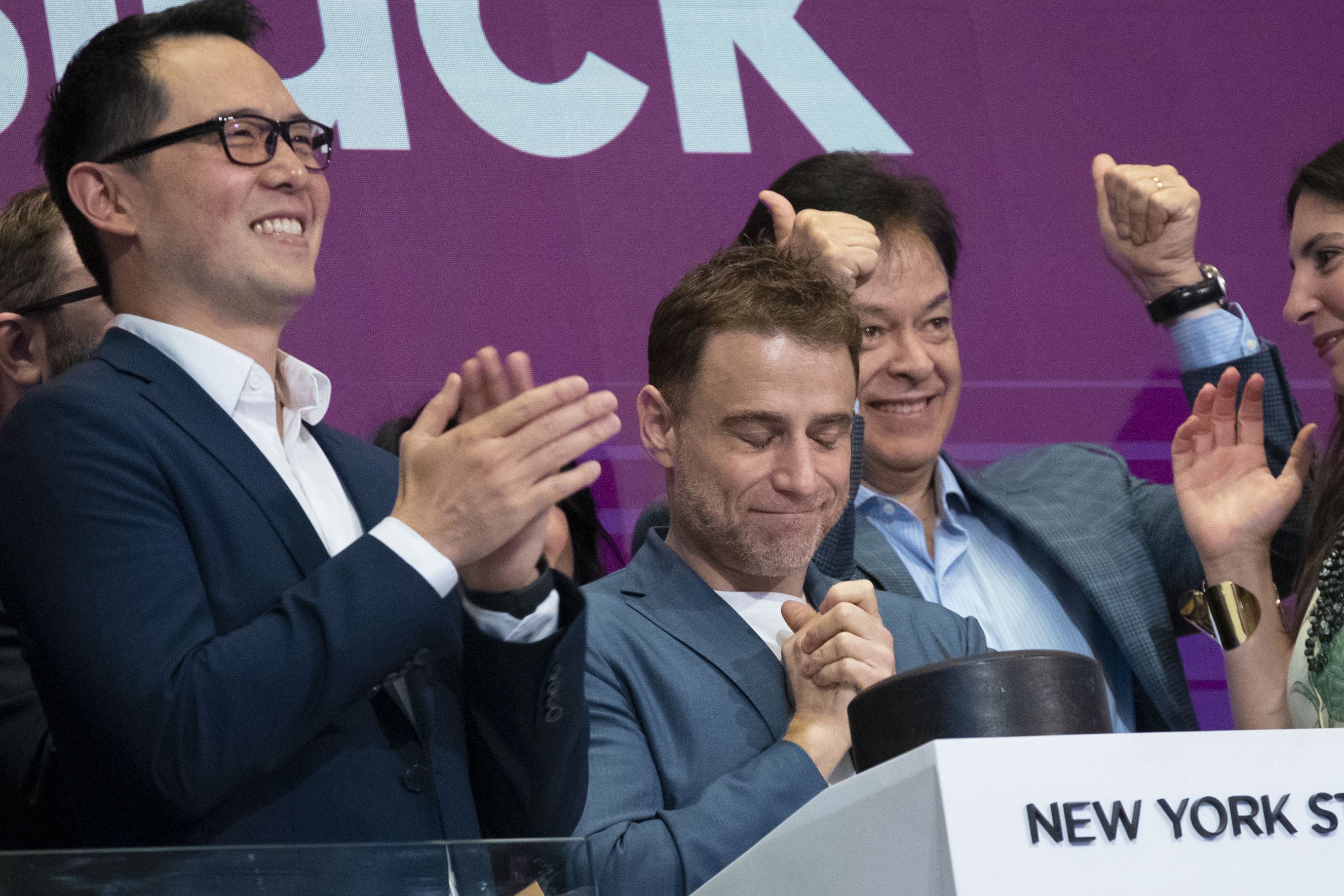 Stewart Butterfield, chief executive officer of Slack Technologies, Inc., speaks during an interview outside of the New York Stock Exchange (NYSE) during the company's initial public offering (IPO) in New York, U.S., on Thursday, June 20, 2019.