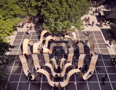 Upcycled Scaffolding Planks Form Functional Ribbons of Steel and Wood in London’s Broadgate Neighborhood