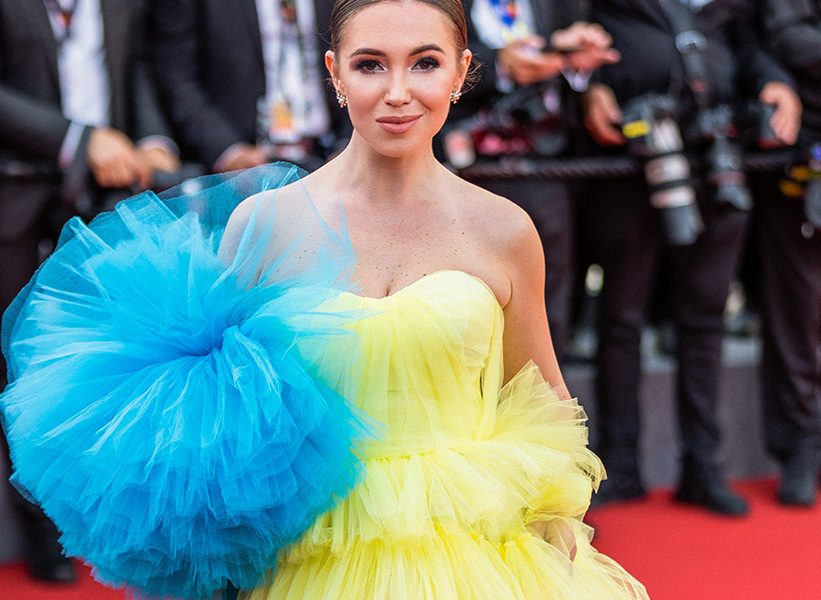 Wearing a patriotic dress: producer Elvira Gavrilova demonstrates support for her native country in Cannes